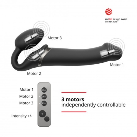 Vibrating Strap-On M Black - zakrzywiony silikonowy strap-on wibracyjny z pilotem zdalnego sterowania i wodoodpornością IPX7 - 4