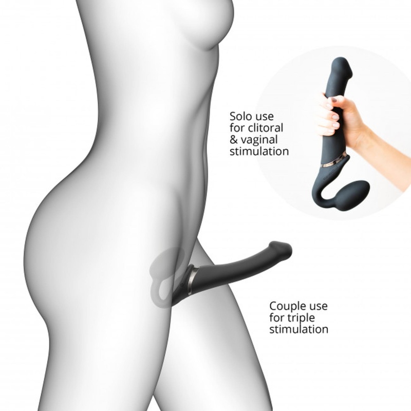 Vibrating Strap-On M Black - zakrzywiony silikonowy strap-on wibracyjny z pilotem zdalnego sterowania i wodoodpornością IPX7 - 6
