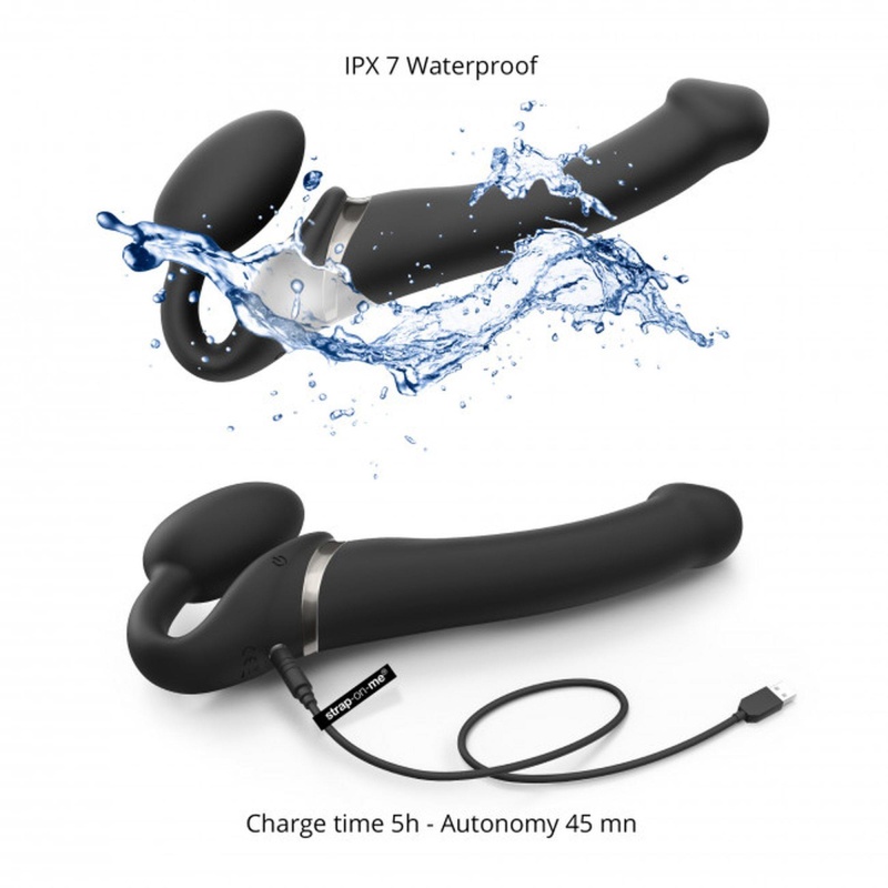 Vibrating Strap-On M Black - zakrzywiony silikonowy strap-on wibracyjny z pilotem zdalnego sterowania i wodoodpornością IPX7 - 7