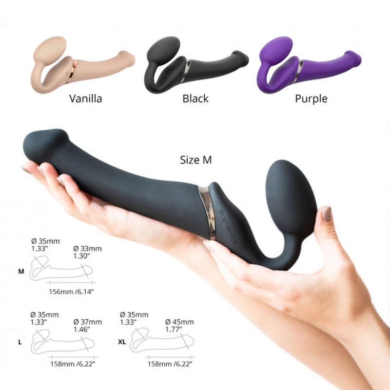 Vibrating Strap-On M Black - zakrzywiony silikonowy strap-on wibracyjny z pilotem zdalnego sterowania i wodoodpornością IPX7 - 8