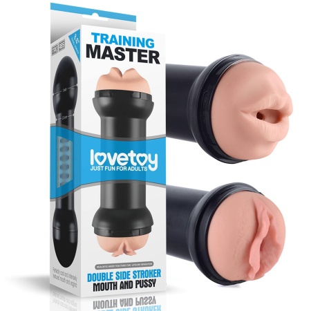 Podwójny masturbator Double Side Stroker usta i pochwa z TPE, czarno-beżowy - 1