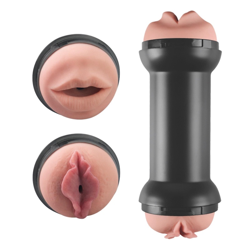 Podwójny masturbator Double Side Stroker usta i pochwa z TPE, czarno-beżowy - 5