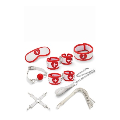 Zestaw Bondage BDSM Pielęgniarka Nurse Series - 8 elementów, obroża 45 cm, kajdanki 31/37 cm, pejcz 44 cm - 1 2