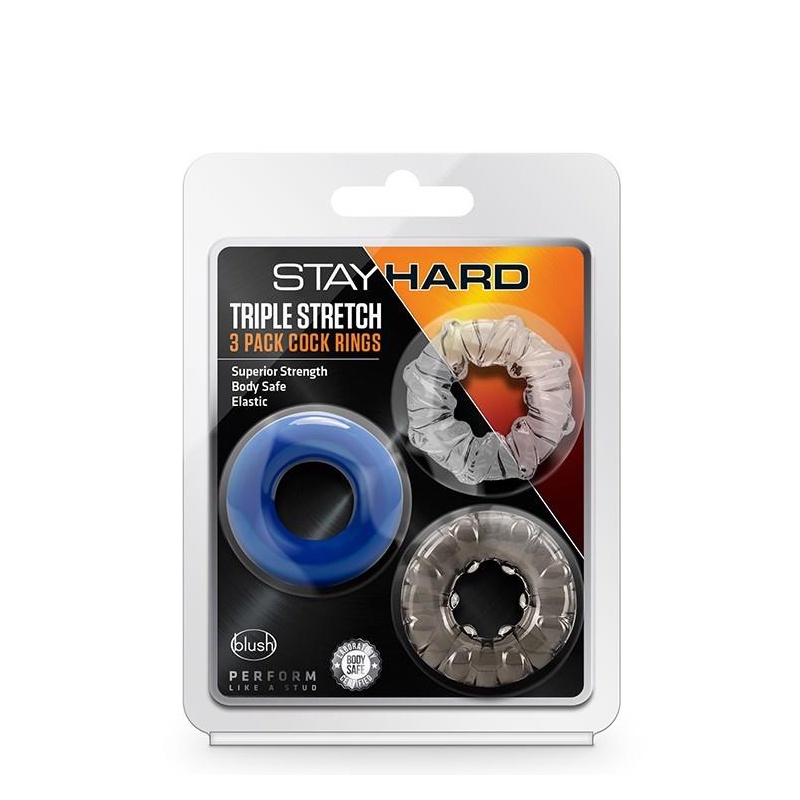 Pierścienie na penisa Stay Hard Triple Stretch 3 Pack - elastyczny TPE, średnica wewnętrzna 1,9 cm - 1
