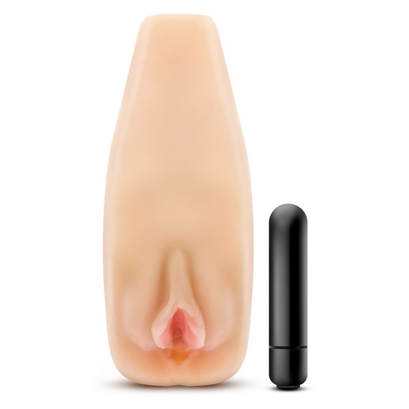 Masturbator Natasha Beige - żebrowany kanał, otwarty, wibrator-kulka, 17,7 cm - 2