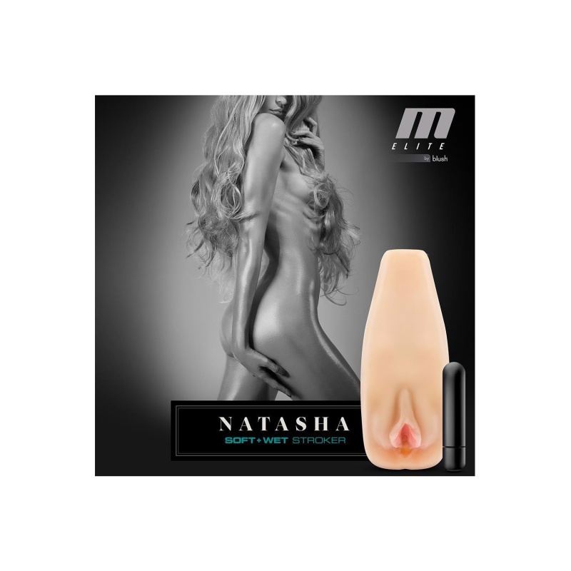 Masturbator Natasha Beige - żebrowany kanał, otwarty, wibrator-kulka, 17,7 cm - 5