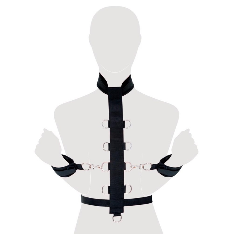 Uprząż Fantasy Harness Black – pas i kołnierz z 9 pierścieniami D, wymiary regulowane obwodowo, uniwersalna - 6