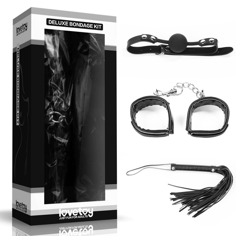 Zestaw BDSM Deluxe Bondage Kit - Kajdanki, Knebel, Pejcz 25 cm - 1