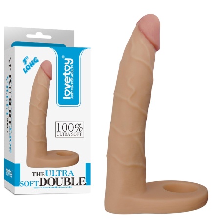 Dildo The Ultra Soft Double 18 cm w kolorze jasnobrązowym z pierścieniem erekcyjnym - 1