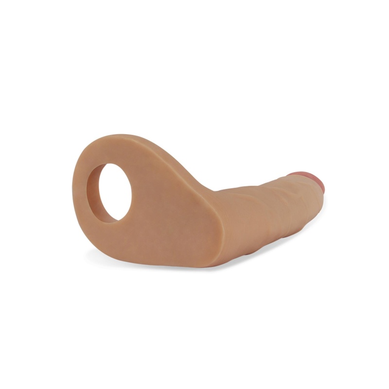 Dildo The Ultra Soft Double 18 cm w kolorze jasnobrązowym z pierścieniem erekcyjnym - 4