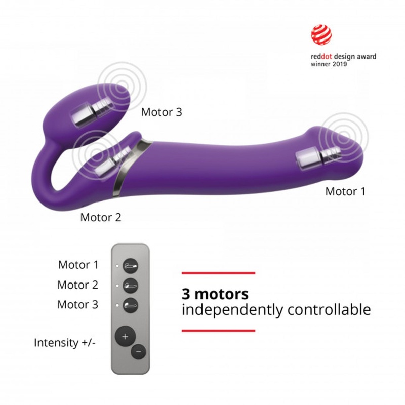 Wibrator strap-on bez uprzęży Strap-On-Me M - 3 silniki, wyginana konstrukcja, fioletowy, długość całkowita ok. 24,5 cm - 5