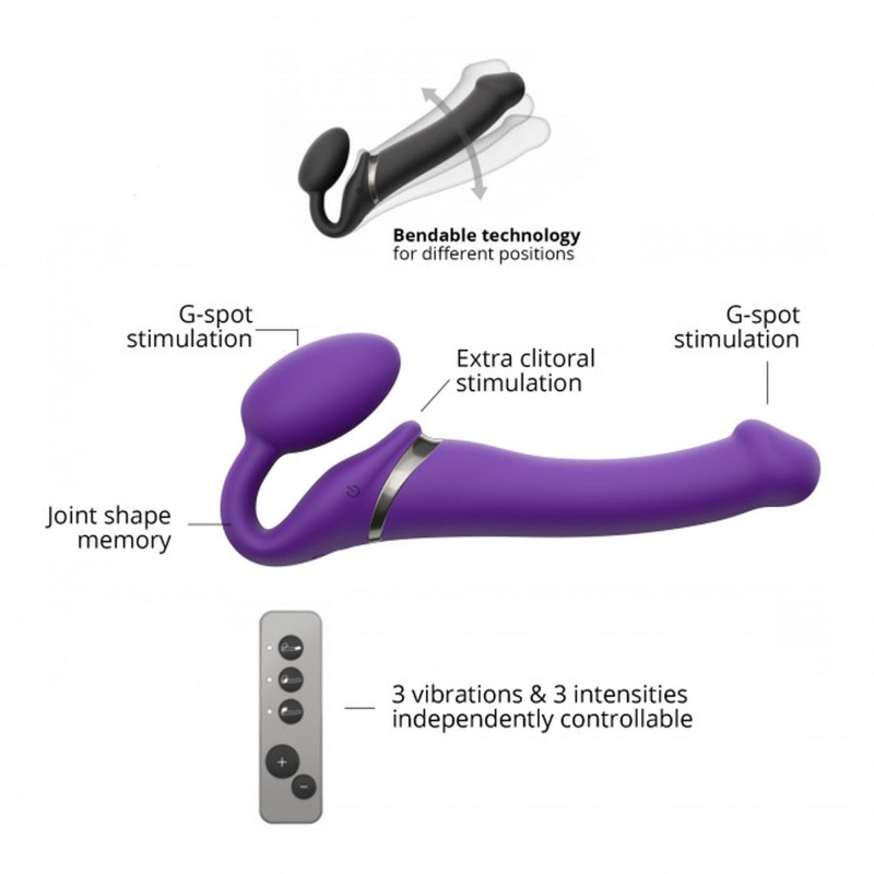 Wibrator strap-on bez uprzęży Strap-On-Me M - 3 silniki, wyginana konstrukcja, fioletowy, długość całkowita ok. 24,5 cm - 6