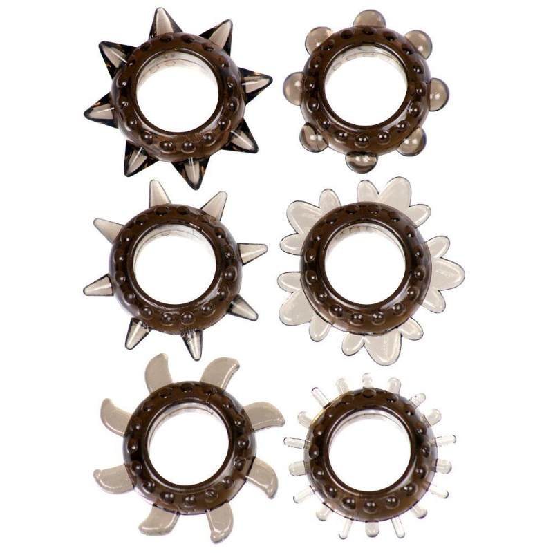 Pierścień-Tickler Set Textured Ring Smoke - Zestaw 6 Rozciągliwych Pierścieni Erekcyjnych z Teksturowaną Powierzchnią i Wypustka - 2