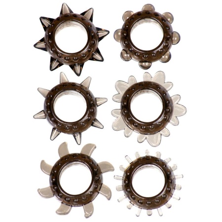Pierścień-Tickler Set Textured Ring Smoke - Zestaw 6 Rozciągliwych Pierścieni Erekcyjnych z Teksturowaną Powierzchnią i Wypustka - 2