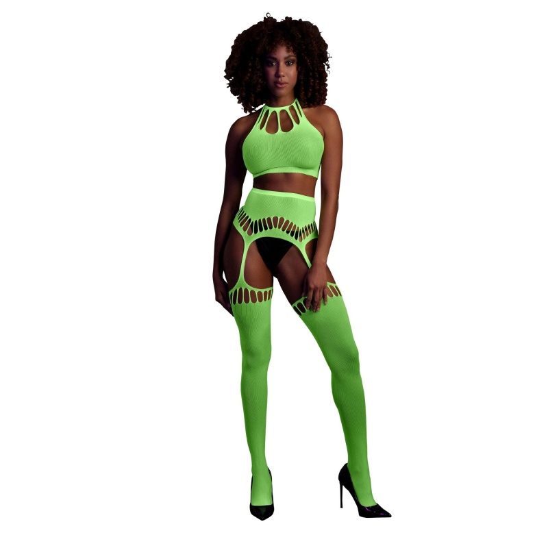 Two Piece with Crop Top and Stockings - Green - 1