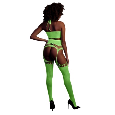 Two Piece with Crop Top and Stockings - Green - 1 2