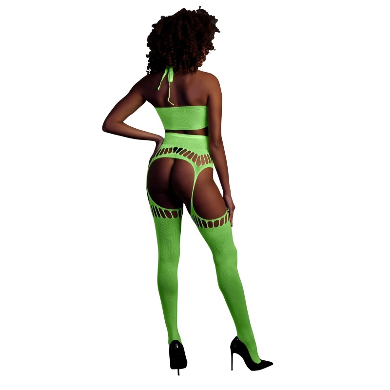 Two Piece with Crop Top and Stockings - Green - 2
