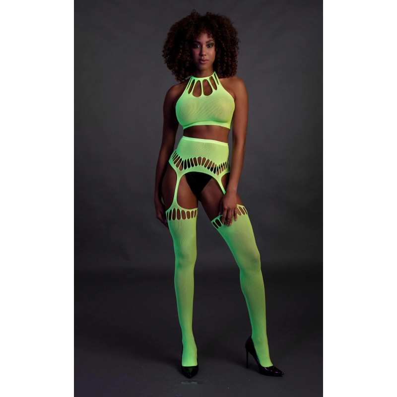 Two Piece with Crop Top and Stockings - Green - 4