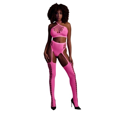 Two Piece with Crop Top and Stockings - Pink - 1