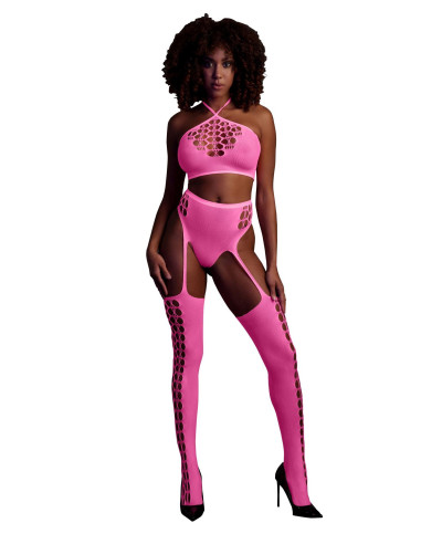 Two Piece with Crop Top and Stockings - Pink - XS/XL