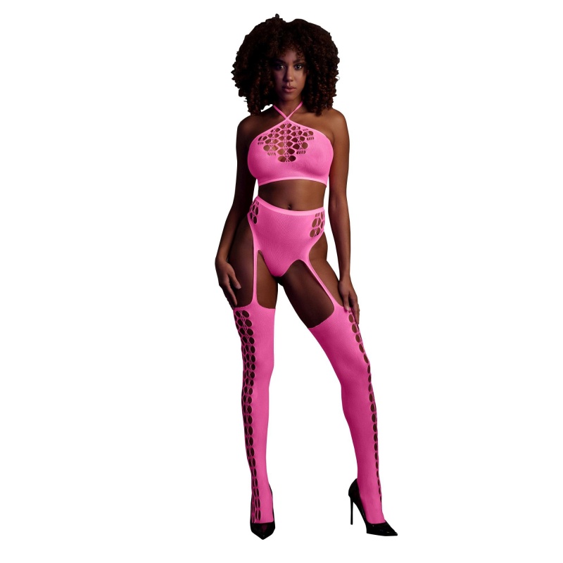 Two Piece with Crop Top and Stockings - Pink - 1