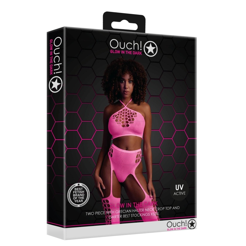 Two Piece with Crop Top and Stockings - Pink - 3