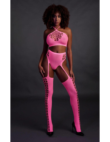 Two Piece with Crop Top and Stockings - Pink - XS/XL