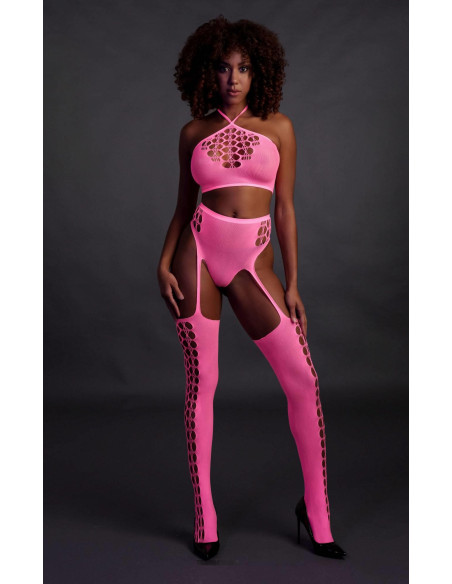 Two Piece with Crop Top and Stockings - Pink - XS/XL