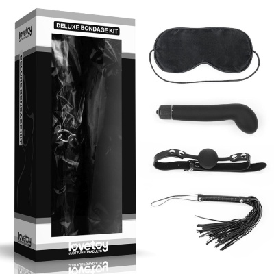 Zestaw Deluxe Bondage 4w1 - kulka 4 cm, flogger 25 cm - czarny - 1