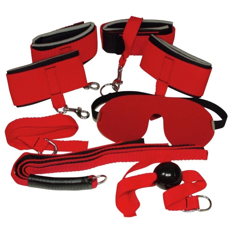 Zestaw do bondage Bad Kitty Red Giant – 8 elementów: wyściełane mankiety 34 × 5 cm, knebel kulkowy 4 cm i pas mocujący 143 cm - 2