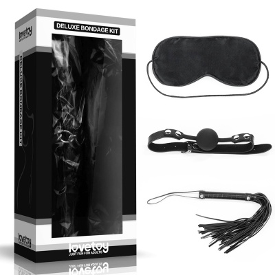 Zestaw BDSM Deluxe Bondage – knebel, pejcz i maska (czarny) - 1