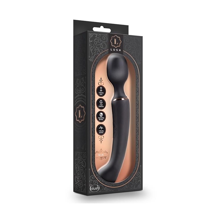 Masażer dwufunkcyjny 2w1 Gia Black - głowica wand i wibrator G-spot, silikon UltraSilk, 24,1 cm - 1