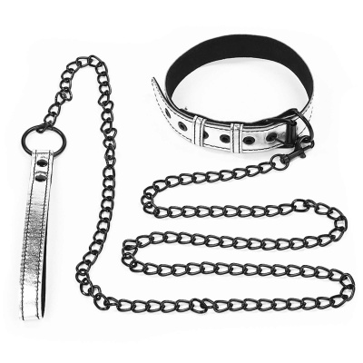 Obroża bondage metaliczna z łańcuchem – czarna (35,5–47 cm) - 1