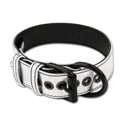 Obroża bondage metaliczna z łańcuchem – czarna (35,5–47 cm) - 1 2