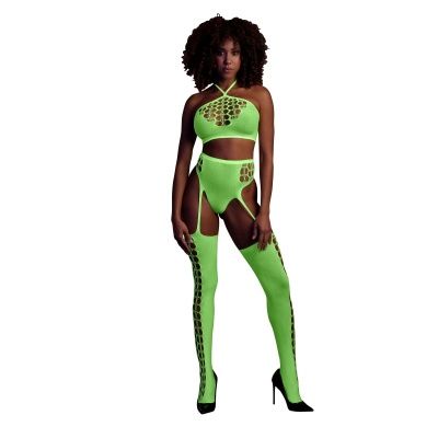 Two Piece with Crop Top and Stockings - Green - 1