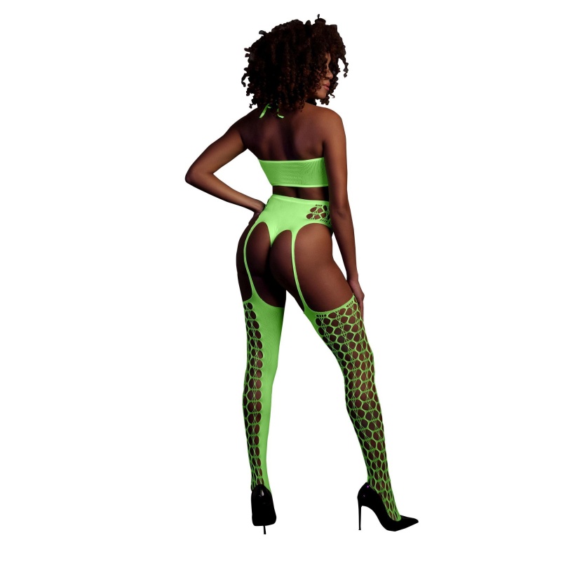 Two Piece with Crop Top and Stockings - Green - 2