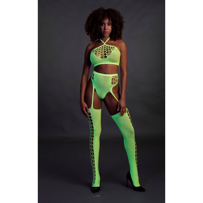 Two Piece with Crop Top and Stockings - Green - 4