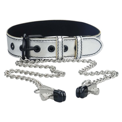 Obroża bondage Metallic Silver z zaciskami na sutki (35,6–47 cm) - 1