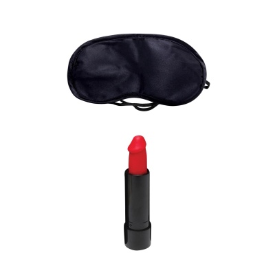 Kiss My… Bachelorette - gra z satynową maską na oczy, silikonową pomadką w kształcie penisa i posterem z celem - 1