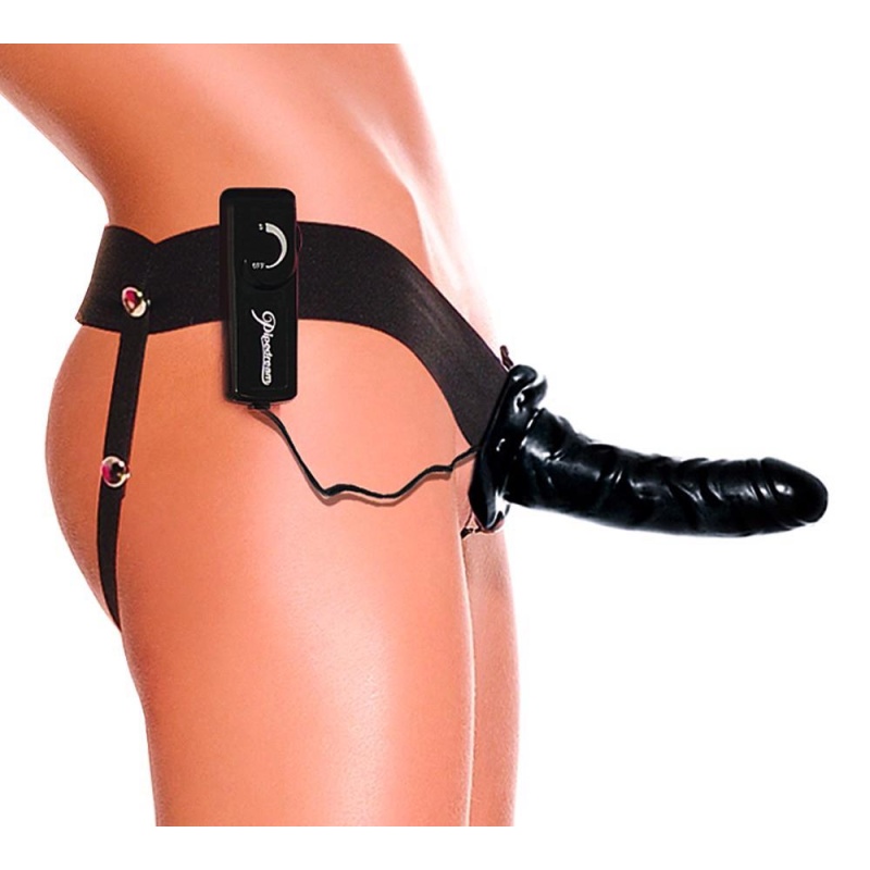 Strap-On z dildo o pustym kanale i wibracją FFSFHOH — regulowana uprząż elastanowa, 17 cm - 2