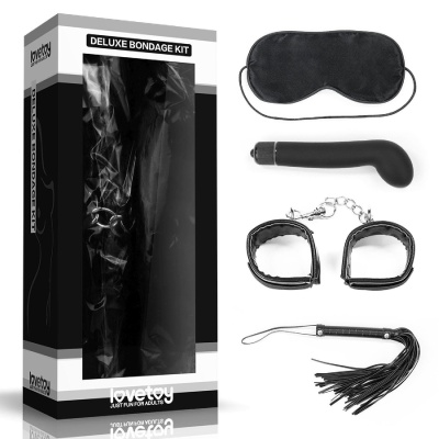 Zestaw Bondage Deluxe – 4-częściowy z floggerem 25 cm, kajdankami i wibratorem, kolor czarny - 1
