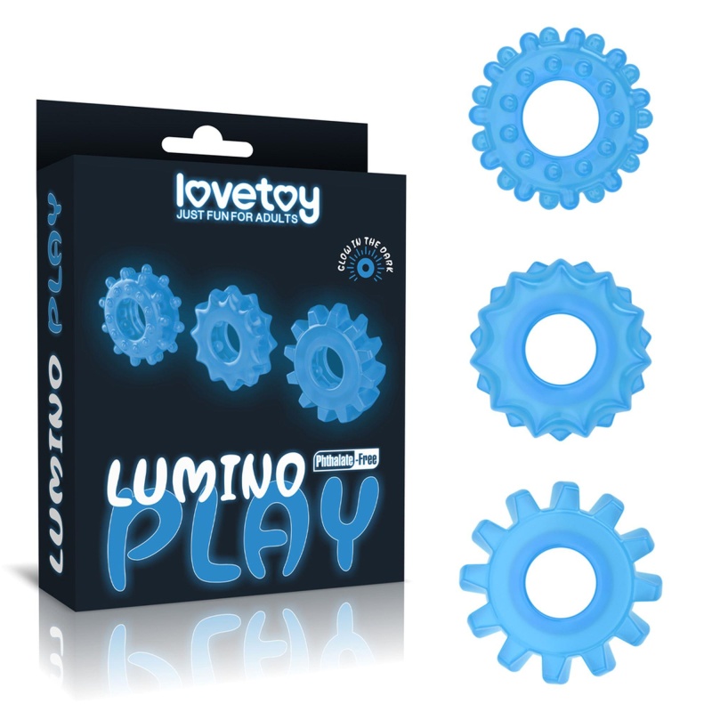 Zestaw 3 pierścieni na penisa Lumino Play - TPE, niebieska poświata, 3 rozmiary (3.8-4.3 cm) - 1
