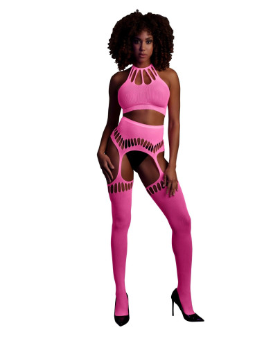 Two Piece with Crop Top and Stockings - Pink - XS/XL