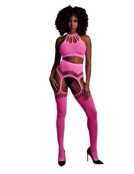 Two Piece with Crop Top and Stockings - Pink - XS/XL