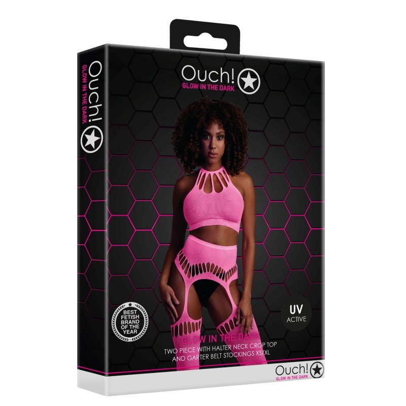 Two Piece with Crop Top and Stockings - Pink - 3
