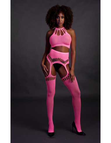Two Piece with Crop Top and Stockings - Pink - XS/XL