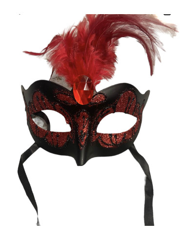 Maska-Venetian Mask Red with Red Stone and Feather