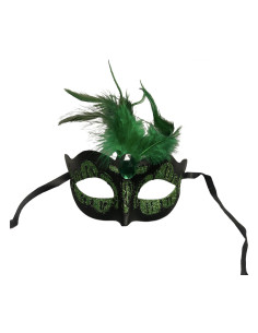 Maska-Venetian Mask Green with Green Stone and Feather