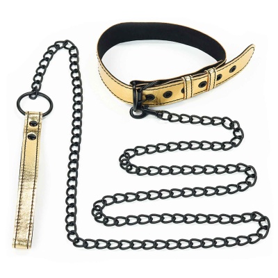 Obroża i smycz bondage metaliczna złota z regulacją 35.5-46.9 cm - 1