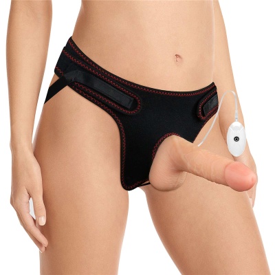 Strap-on z wibratorem Easy Strapon 7.0'' (18 cm) - Czarny z czerwonymi wstawkami - 1 2